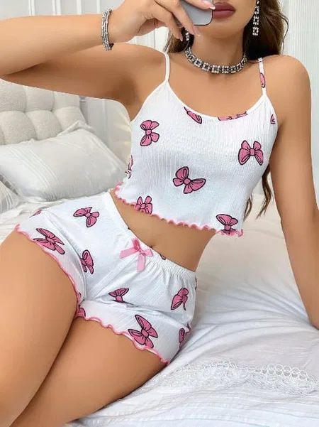 Yazlık Şort Pijama Takımı Beyaz Kelebekli Lily Bianca 13094 - Beyaz
