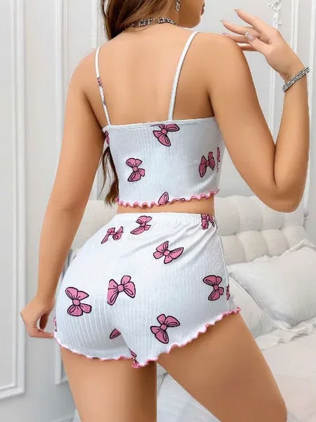 Yazlık Şort Pijama Takımı Beyaz Kelebekli Lily Bianca 13094 - Beyaz