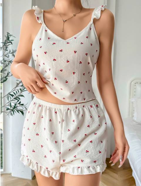 Lily Bianca Beyaz Minik Kiraz Desenli Askılı Pijama Şort Takım Lily Bianca 13109 - Görsel 2