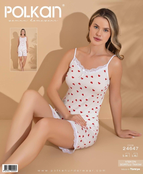 Dantelli Kalpli Desenli Beyaz Şort Pijama Takımı Polkan 24657 - Beyaz