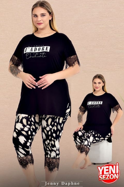 Desenli Kısa Kollu Kapri Pijama Takımı Lady 10726 - Siyah