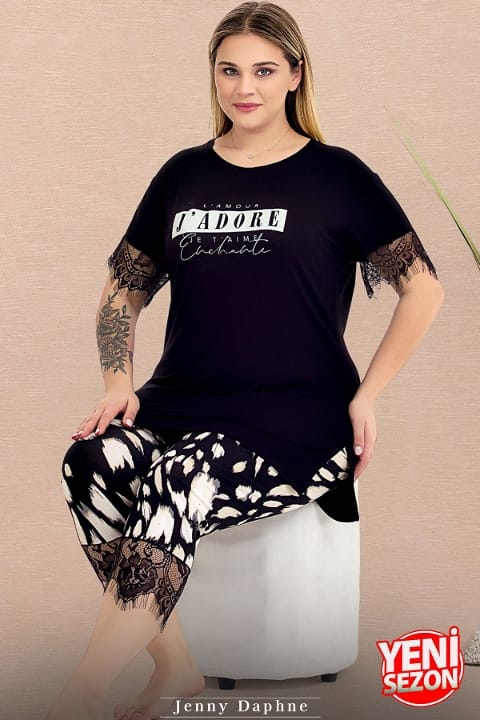 Desenli Kısa Kollu Kapri Pijama Takımı Lady 10726 - Siyah