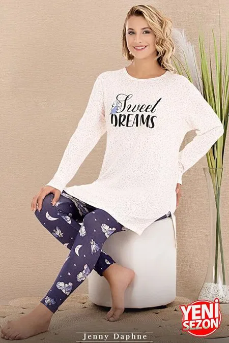 Desenli Viskon Uzun Kollu Pijama Takımı Lady 11689 - Lacivert