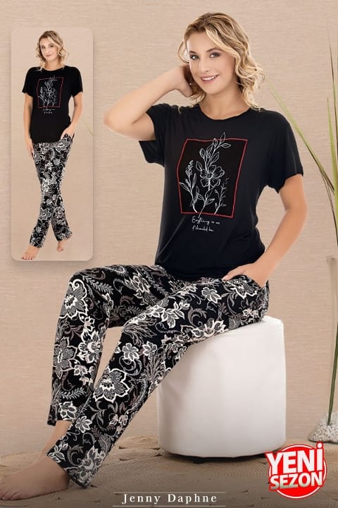 Kısa Kollu Desenli Pijama Takımı Somon Renk Lady 12597 - Siyah