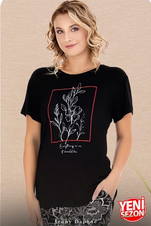 Kısa Kollu Desenli Pijama Takımı Somon Renk Lady 12597 - Siyah