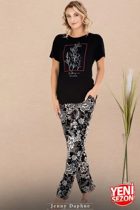 Kısa Kollu Desenli Pijama Takımı Somon Renk Lady 12597 - Siyah