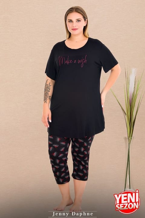 Büyük Beden Çiçek Desenli Kapri Pijama Takımı Lady 10732 - Siyah