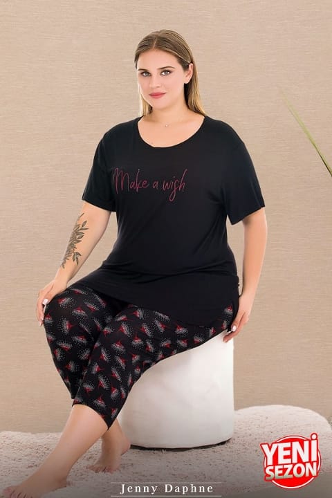 Büyük Beden Çiçek Desenli Kapri Pijama Takımı Lady 10732 - Siyah