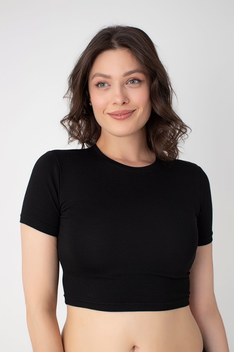 Modal Pamuklu Kısa Kollu Crop Atlet Confeo 801 - Siyah