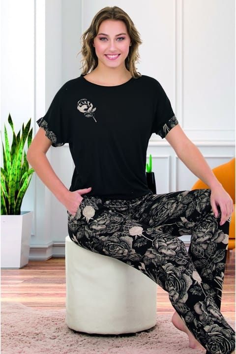 Çiçek Desenli Kısa Kollu Pijama Takımı Lady 12581