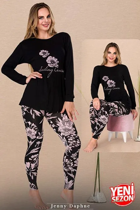 Çiçekli Uzun Kollu Viskon Pijama Takımı Lady 11605