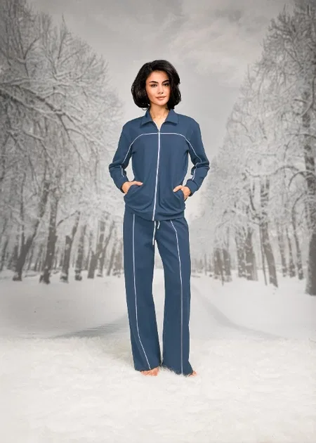 Pamuk Polyester Biyeli Önden Fermuarlı Pantolon T-shirt Takım Doreanse 26K4102 - Mavi