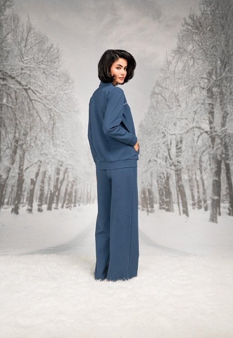 Pamuk Polyester Biyeli Önden Fermuarlı Pantolon T-shirt Takım Doreanse 26K4102 - Mavi