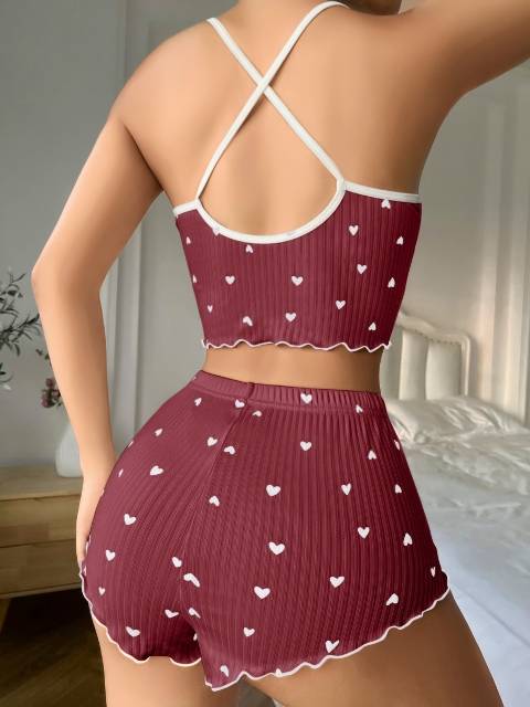 Bordo Çapraz Askılı Pamuklu Yazlık Pijama Şort Takım Lily Bianca 13111 - Bordo