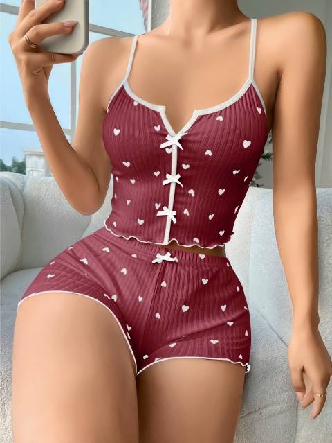 Bordo Çapraz Askılı Pamuklu Yazlık Pijama Şort Takım Lily Bianca 13111 - Bordo
