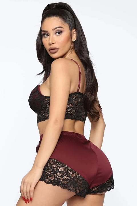 Bordo Dantel Detaylı Şort Takım Loomerie 542 - Bordo