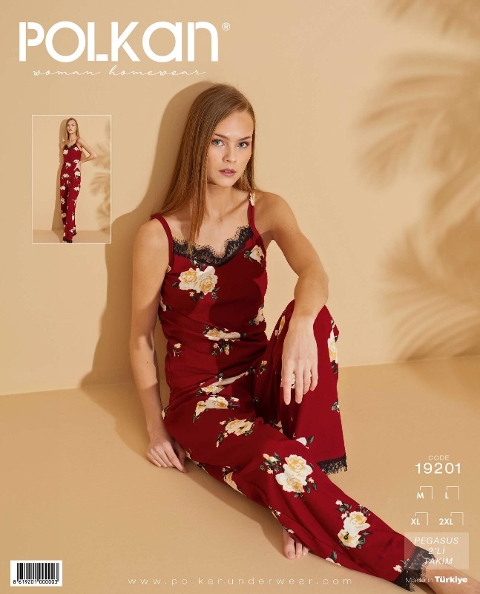 Bordo Gül Desenli Dantel Askılı Pijama Takımı Polkan 19201 - Bordo