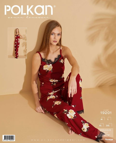 Bordo Gül Desenli Dantel Askılı Pijama Takımı Polkan 19201