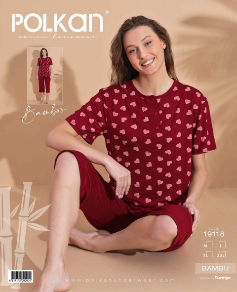 Bordo Kalpli Kısa Kollu Kapri Pijama Takımı Polkan 19118 - Bordo