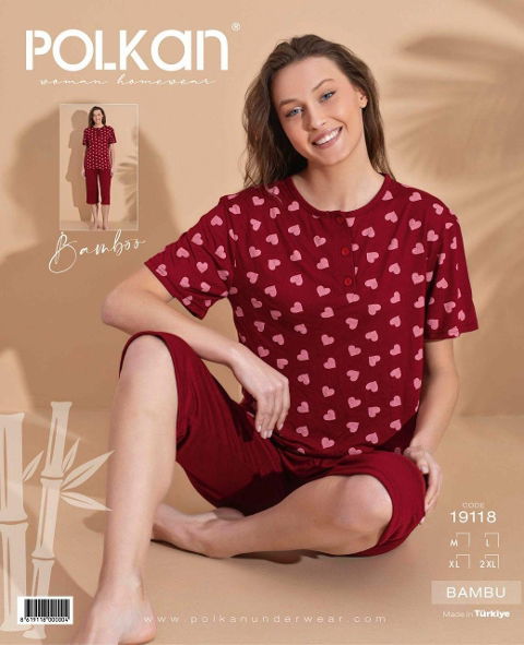Bordo Kalpli Kısa Kollu Kapri Pijama Takımı Polkan 19118