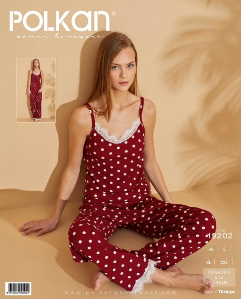Bordo Puantiyeli Dantel Askılı Pijama Takımı Polkan 19202 - Bordo