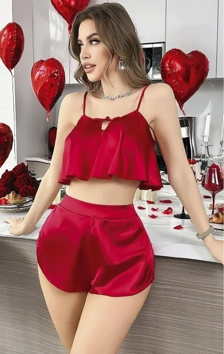 Bordo Saten Şortlu Gecelik Takımı - Bordo