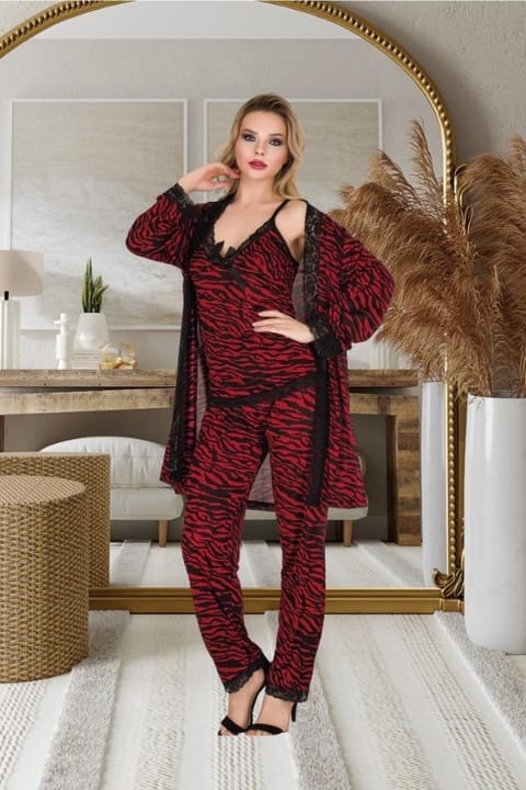Bordo Zebra Desenli 3'lü Sabahlık Takımı İzabel 5005 - Bordo