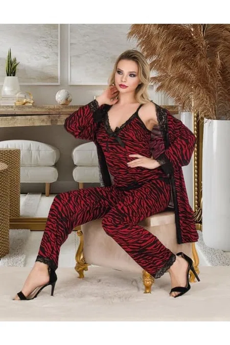 Bordo Zebra Desenli 3'lü Sabahlık Takımı İzabel 5005 - Bordo