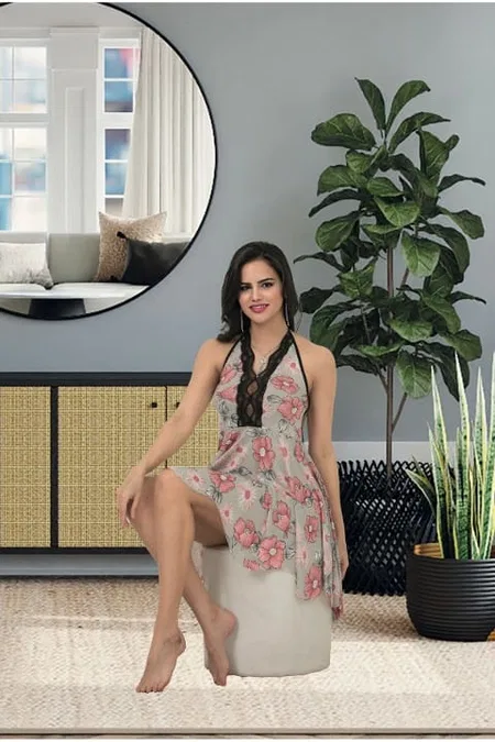 Çiçekli Kloş Kesim Kısa Gecelik Bej İzabel 3013 - Gri