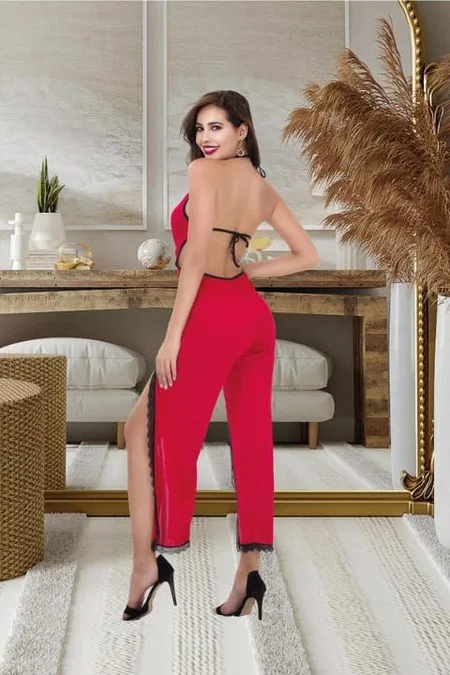 Dantelli Yırtmaçlı Fantazi Tulum Gecelik İzabel 500 - Kırmızı