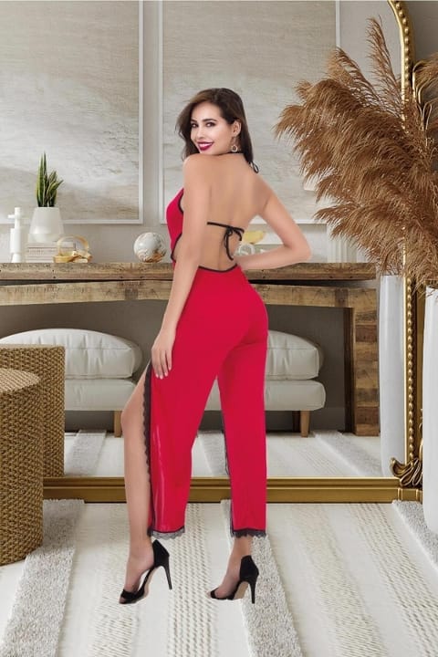 Dantelli Yırtmaçlı Fantazi Tulum Gecelik İzabel 500 - Kırmızı