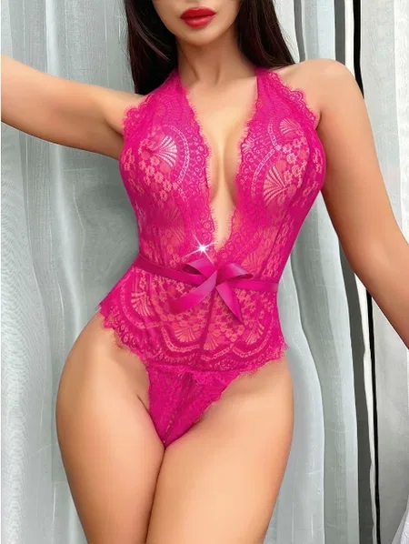 Boyundan Bağlamalı Sırtı Açık Dantel Body Lily Bianca 208 - Fuşya