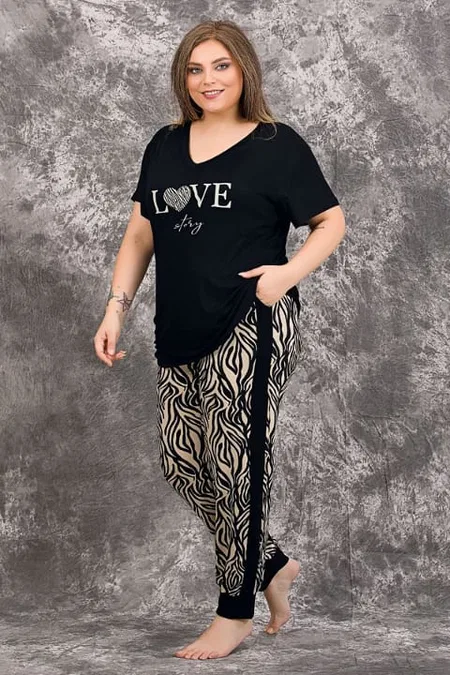 Büyük Beden Kısa Kollu Pijama Takımı Somon Lady 10954 - Siyah