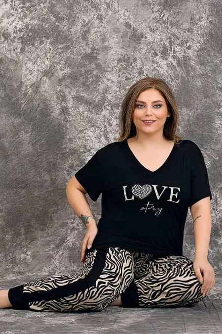 Büyük Beden Kısa Kollu Pijama Takımı Somon Lady 10954 - Siyah