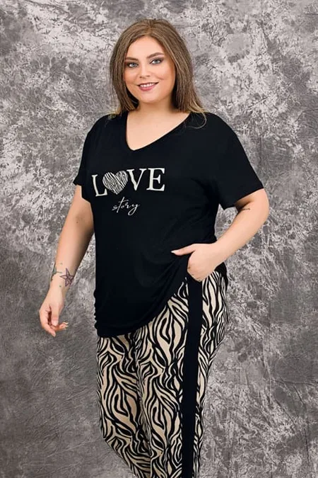 Büyük Beden Kısa Kollu Pijama Takımı Somon Lady 10954 - Siyah