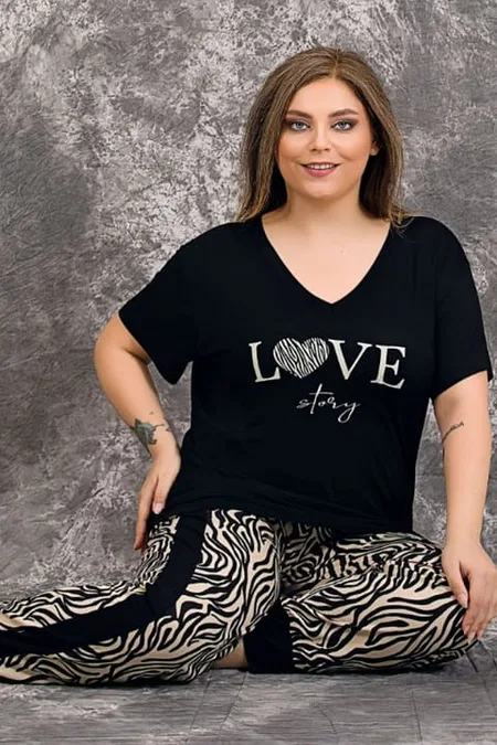 Büyük Beden Kısa Kollu Pijama Takımı Somon Lady 10954 - Siyah