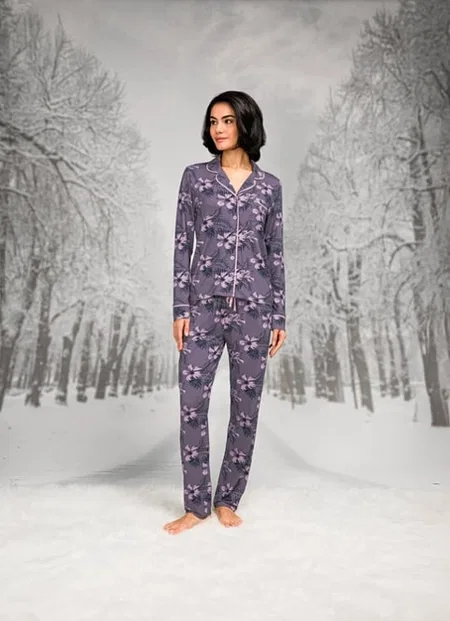 Pamuklu Uzun Kollu Büyük Beden Pijama Takımı Doreanse 26K4107P