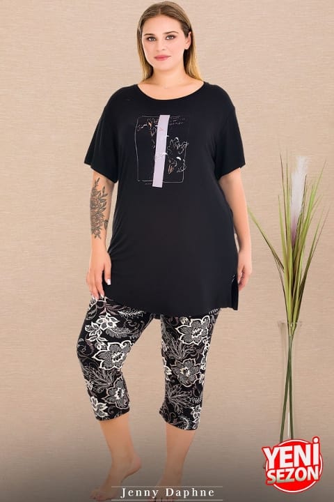 Çiçek Desenli Kapri Pijama Takımı Lady 10729 - Siyah