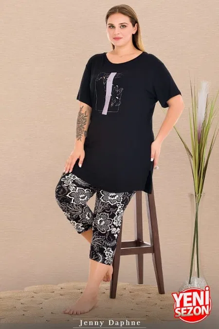 Çiçek Desenli Kapri Pijama Takımı Lady 10729 - Siyah