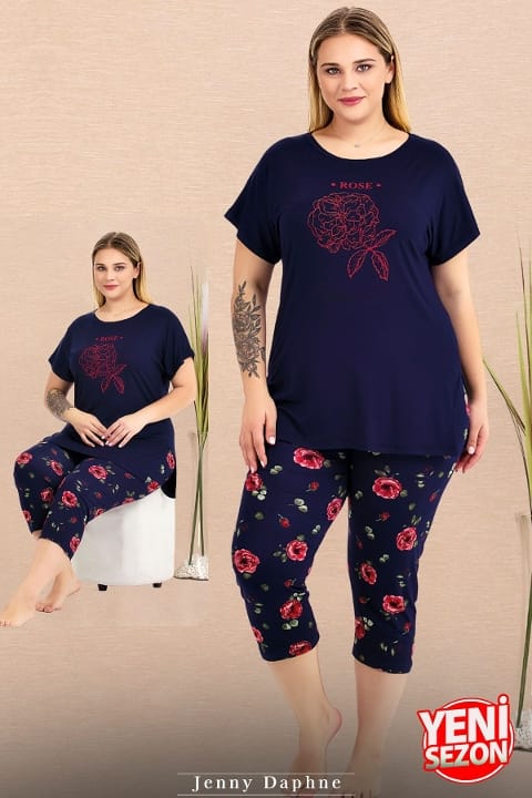 Büyük Beden Çiçek Desenli Kısa Kollu Kapri Pijama Takımı Lady 10735 - Lacivert