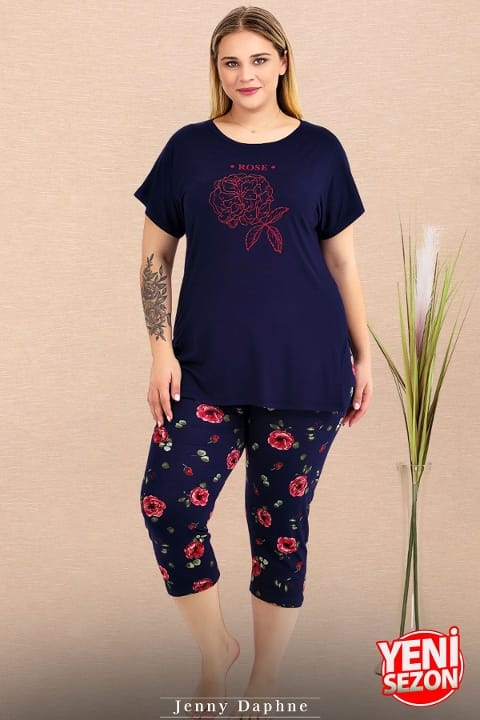 Büyük Beden Çiçek Desenli Kısa Kollu Kapri Pijama Takımı Lady 10735 - Lacivert