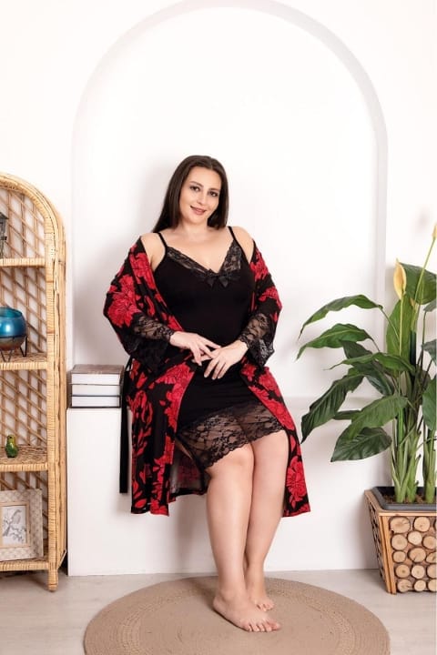 Dantel Detaylı Çiçek Desenli Büyük Beden Gecelik Takım Lady 19212 - Siyah