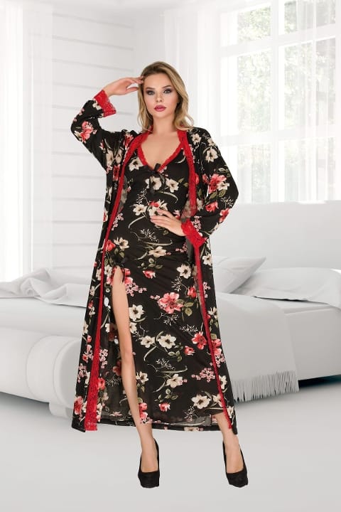 Büyük Beden Çiçekli Uzun Yırtmaçlı Gecelik İzabel 7001 - Siyah