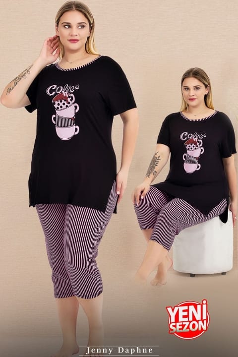 Büyük Beden Çizgili Kapri Kısa Kollu Pijama Takımı Lady 10728 - Siyah