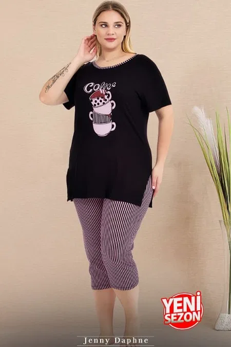 Büyük Beden Çizgili Kapri Kısa Kollu Pijama Takımı Lady 10728 - Siyah