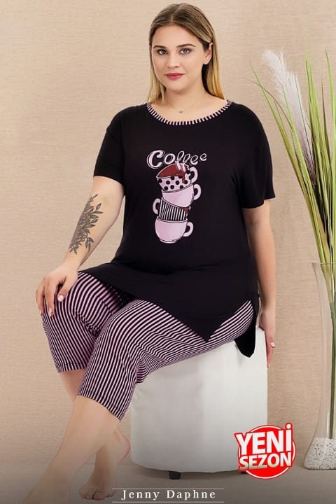 Büyük Beden Çizgili Kapri Kısa Kollu Pijama Takımı Lady 10728 - Siyah