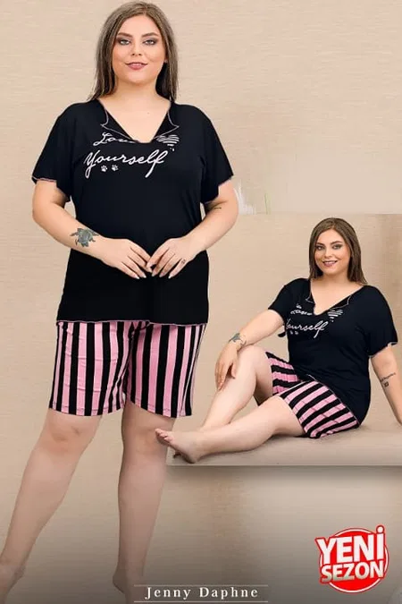 Büyük Beden Çizgili Kısa Kollu V Yaka Şort Pijama Takımı Lady 10427 - Siyah