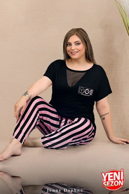 Büyük Beden Tül Detaylı Kısa Kollu Pijama Takımı Lady 11000 - Siyah