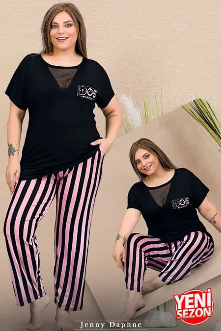 Büyük Beden Tül Detaylı Kısa Kollu Pijama Takımı Lady 11000 - Siyah