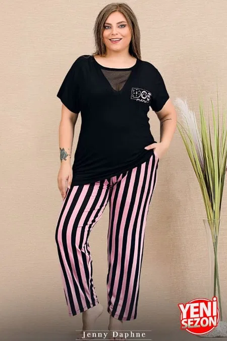 Büyük Beden Tül Detaylı Kısa Kollu Pijama Takımı Lady 11000 - Siyah